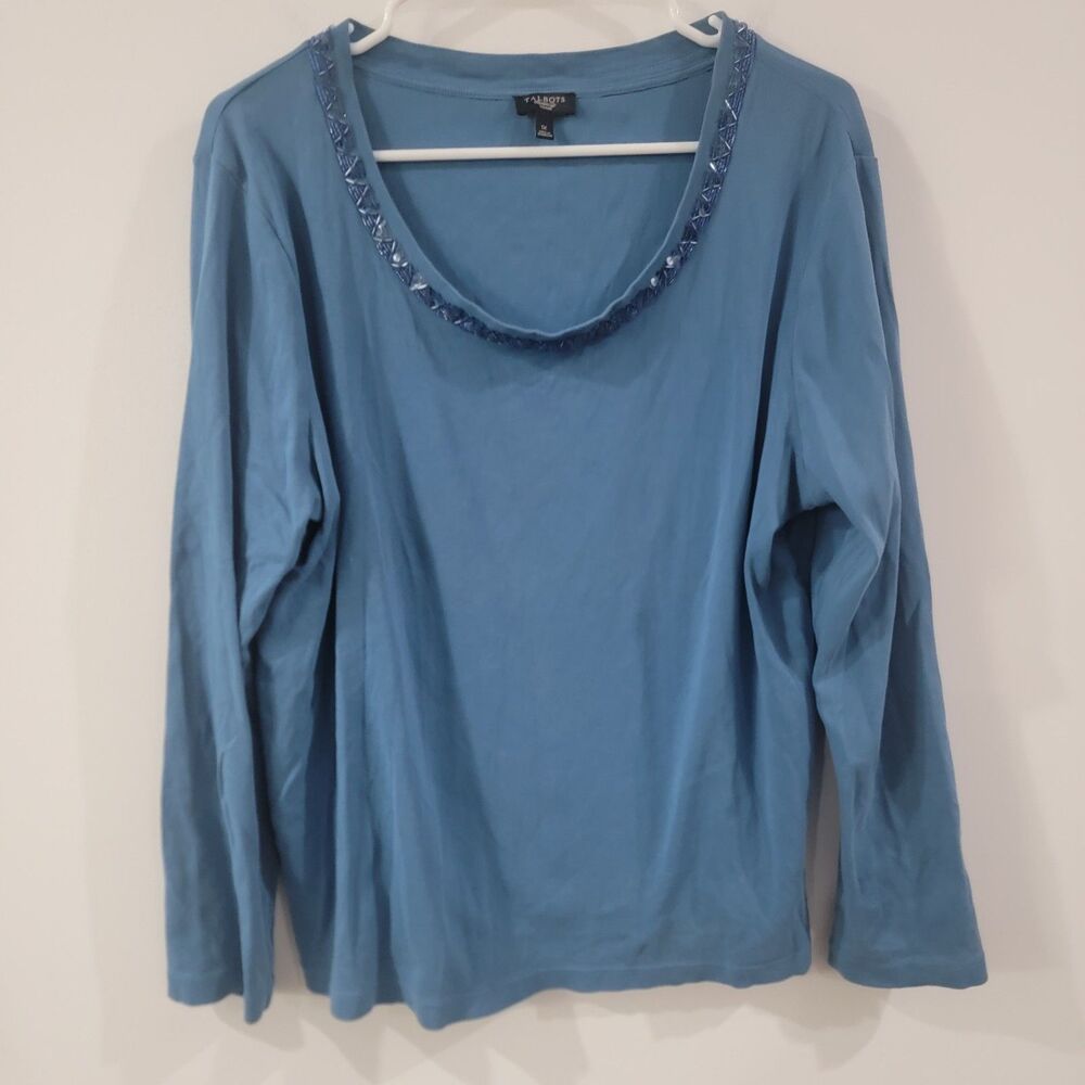Talbots‎ Womens Top Size 1X Beaded Blue Scoop Neck Long Sleeve